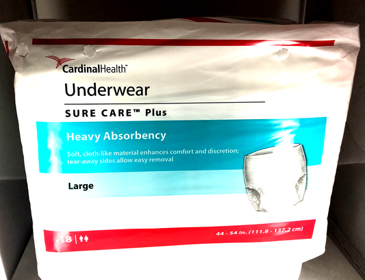 CARDINAL HEALTH Underwear Heavy Absorbency LARGE X 18 PCS ~ NEW