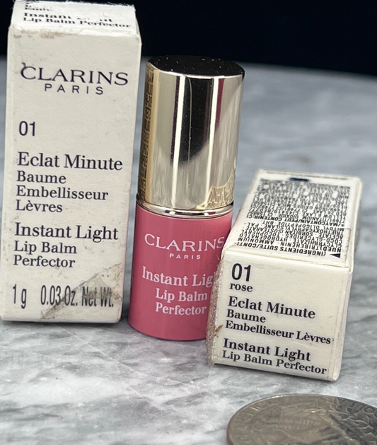 CLARINS INSTANT LIGHT LIP BALM PERFECTOR #01 ROSE 0.03OZ TRAVEL SIZE (LOT OF 2)