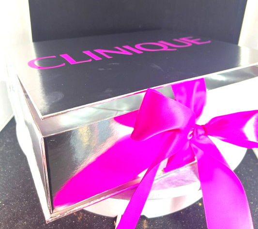 CLINIQUE Medium Empty BEAUTIFUL Gift Box silver  w Ribbon 9.75" x 8.5"x 3" - NEW