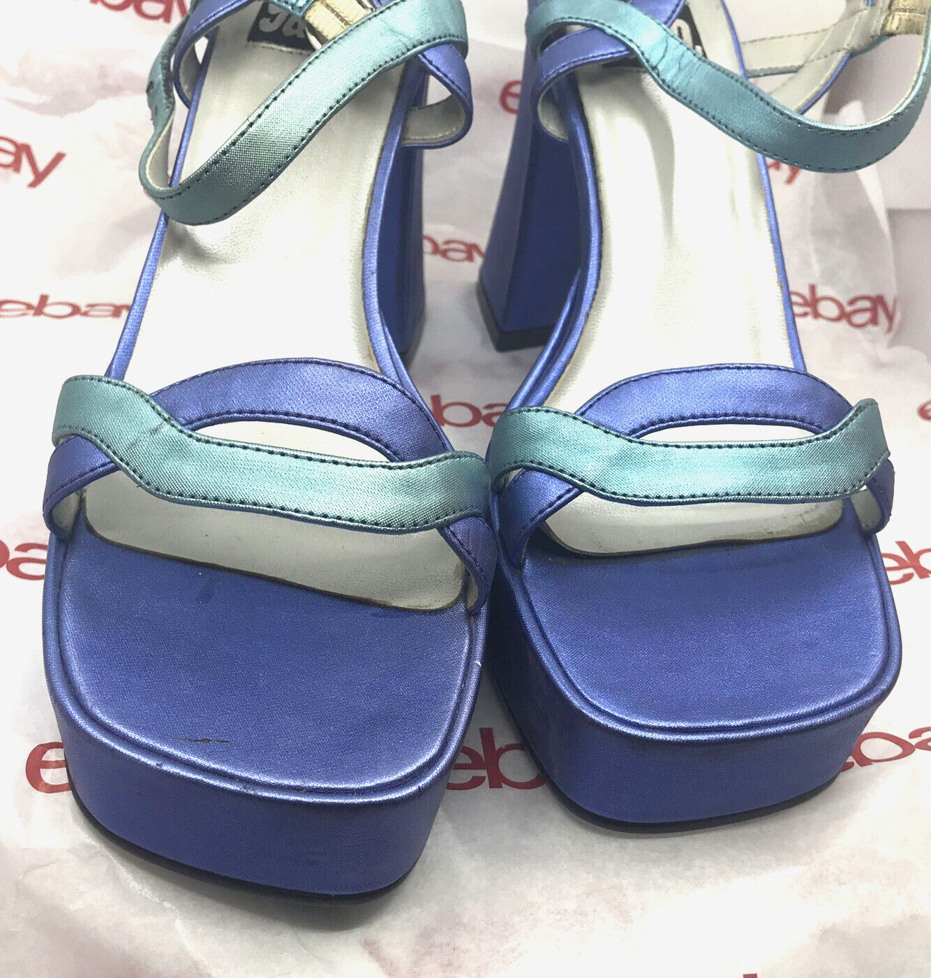 9 &co.Sandals High Block Heels Ankle Strap Platform Pumps Party -Blue Aqua 8 M