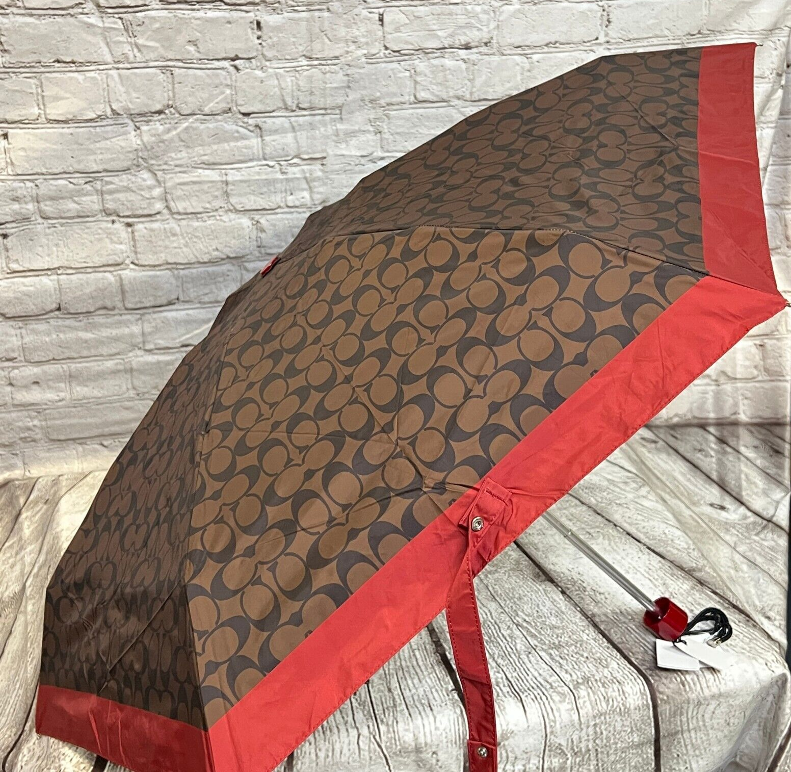 Coach Mini Umbrella in Signature Print UV Protection Chestnut Red - (NEW)