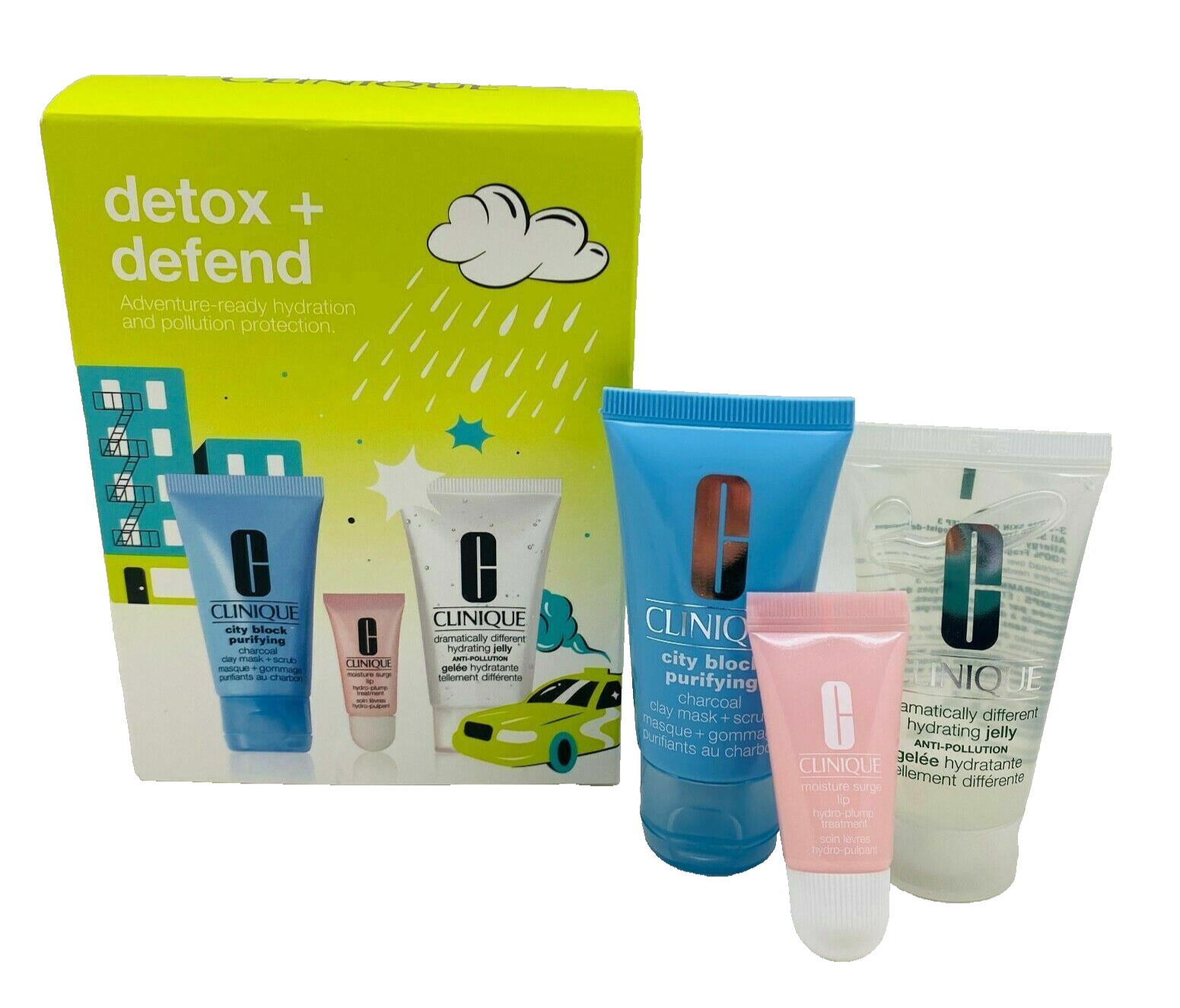 Clinique Detox + Defend 3 Pc Set - Hydrating Jelly, Clay Mask, Lip Hydro-Plump