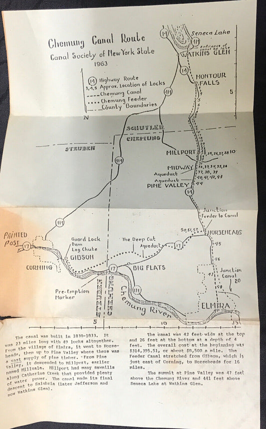  CHEMUNG  CANAL ROUTE OLD BY CANAL SOCIETY OF NY 1963