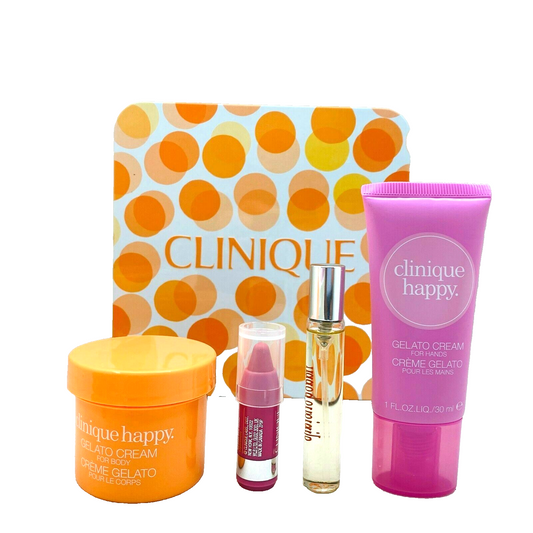  CLINIQUE Happy Treats 4pc Travel Set Perfume Spray, Body/Hand Cream, Lip - NIB