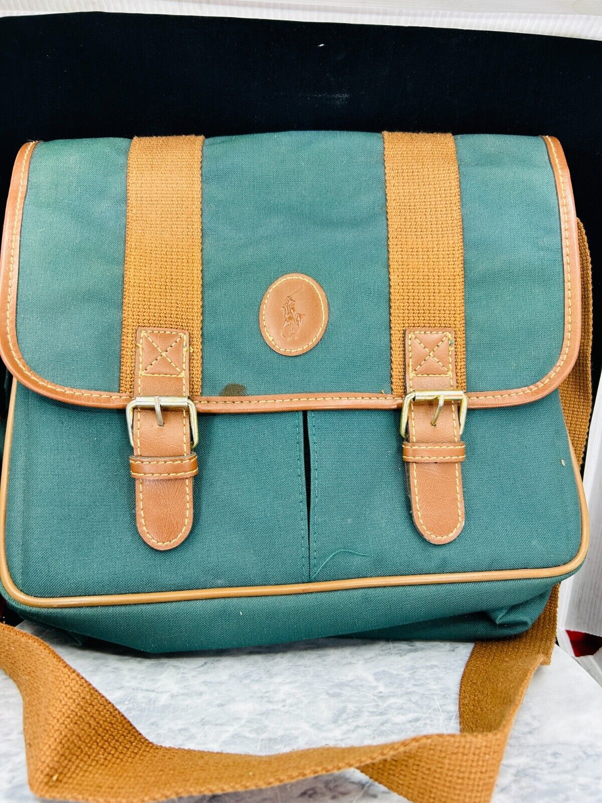 Vintage Ralph Lauren Polo Saddlebag Shoulder Crossbody Green Canvas Bag -CHECK