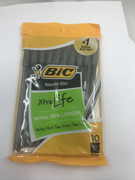 BIC Round Stic Xtra Life Ballpoint Pen, Medium 10 Count (Pack of 1), Black