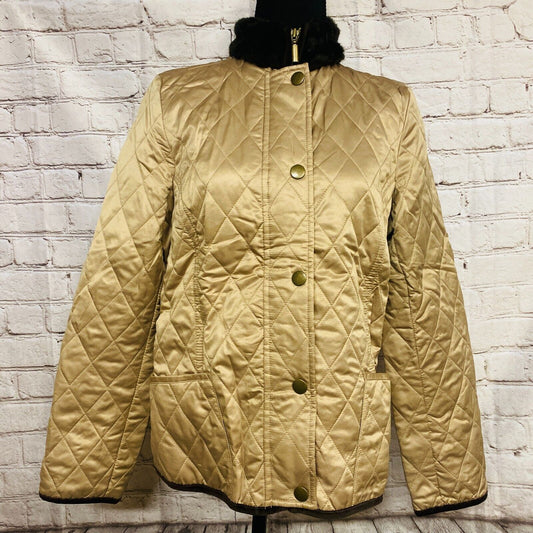 Charter Club Coat Womens Quilted Beige/Gold Faux Fur Collar Zipper &Snaps #SMALL