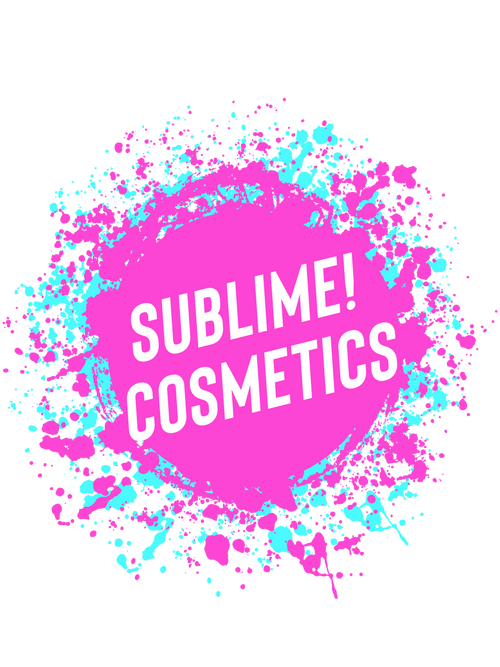 Welcome to Sublime Cosmetics. (Sublime Cosmetics Logo with Pink & Blue Splatter background)